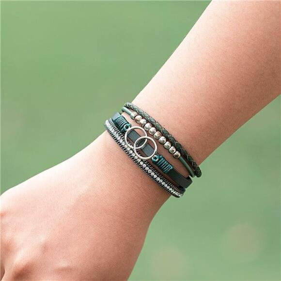 Boho Wrap Bracelets Leather Cuff Bangle Gold Beaded Bracelets Stackable - Picture 3 of 7